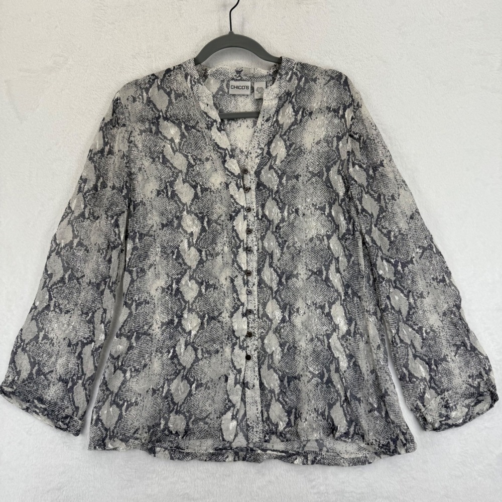 Chico's Silk Blend Button Front Blouse Top Snakeskin Print Women's 1 US S READ